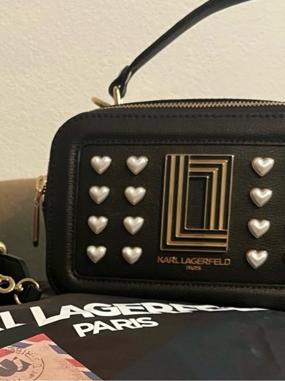 Karl Lagerfeld Black Heart-Stud Crossbody Bag